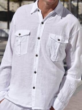 Cotton Natural Long Sleeve Collared Button Down, Featuring Double Pockets Sz. L